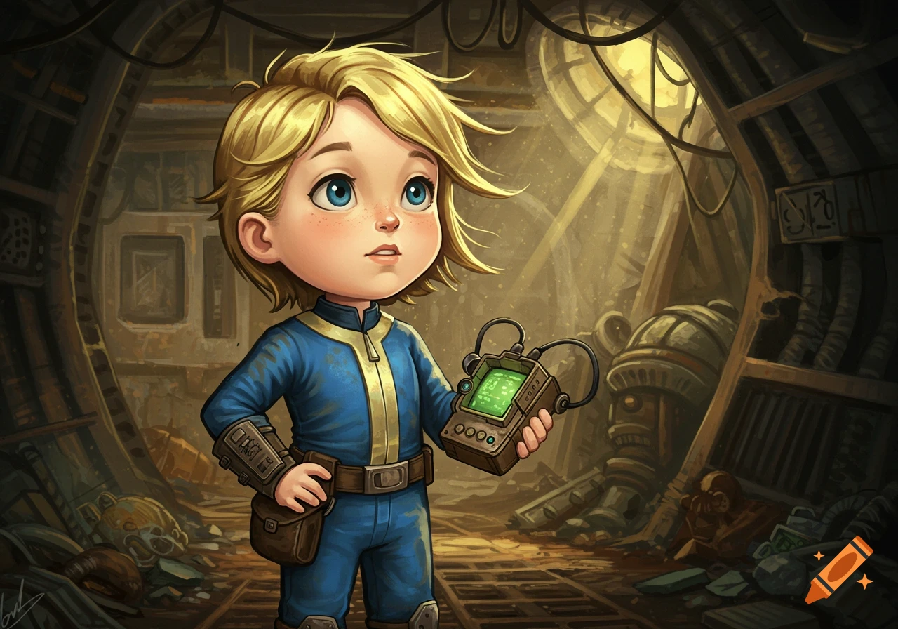 A cute blonde cartoon child in a blue and yellow Vault Dweller jumpsuit holds a Pip-Boy in a ruined, dark underground vault.