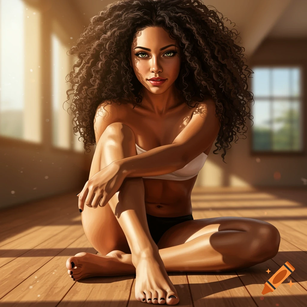 A photorealistic portrait of a mulatto woman with curly hair, green eyes, and dark nail polish, sitting on a sunlit wooden floor.