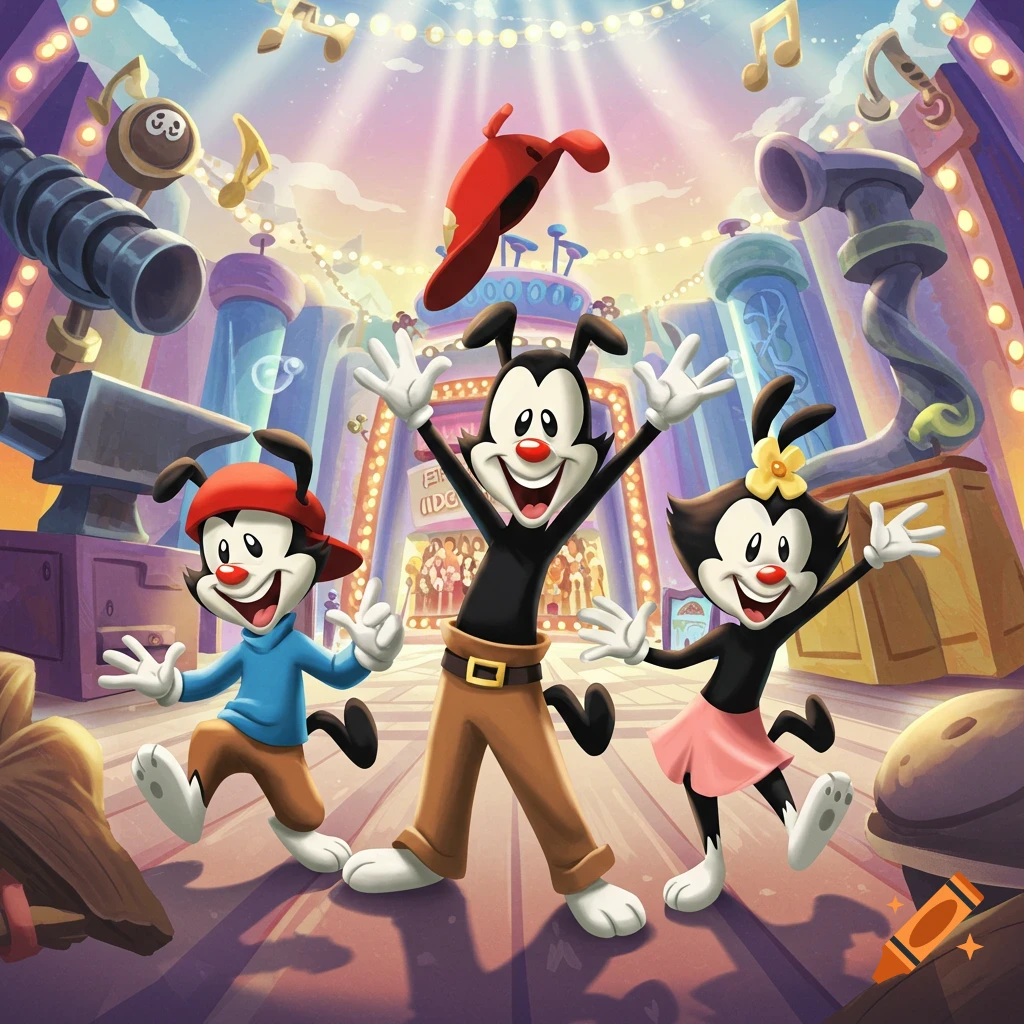 Yakko, Wakko, and Dot from Animaniacs animated in a vibrant, whimsical setting with musical notes.