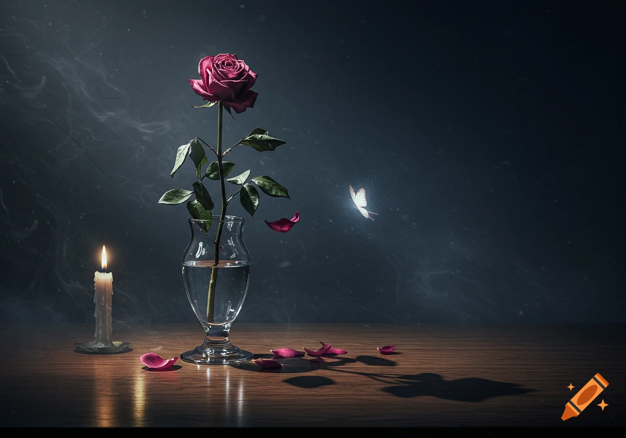A single wilting red rose in a clear vase beside a lit candle, with a glowing white butterfly flying nearby, on a wooden table against a dark background.