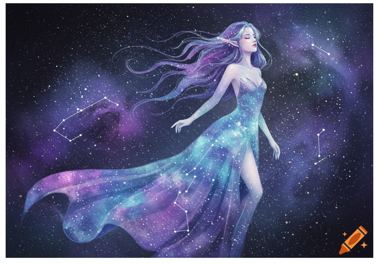 A mystical woman with long purple hair and pointed ears, wearing a flowing blue and purple dress adorned with stars and nebulae, stands in a starry cosmic background.