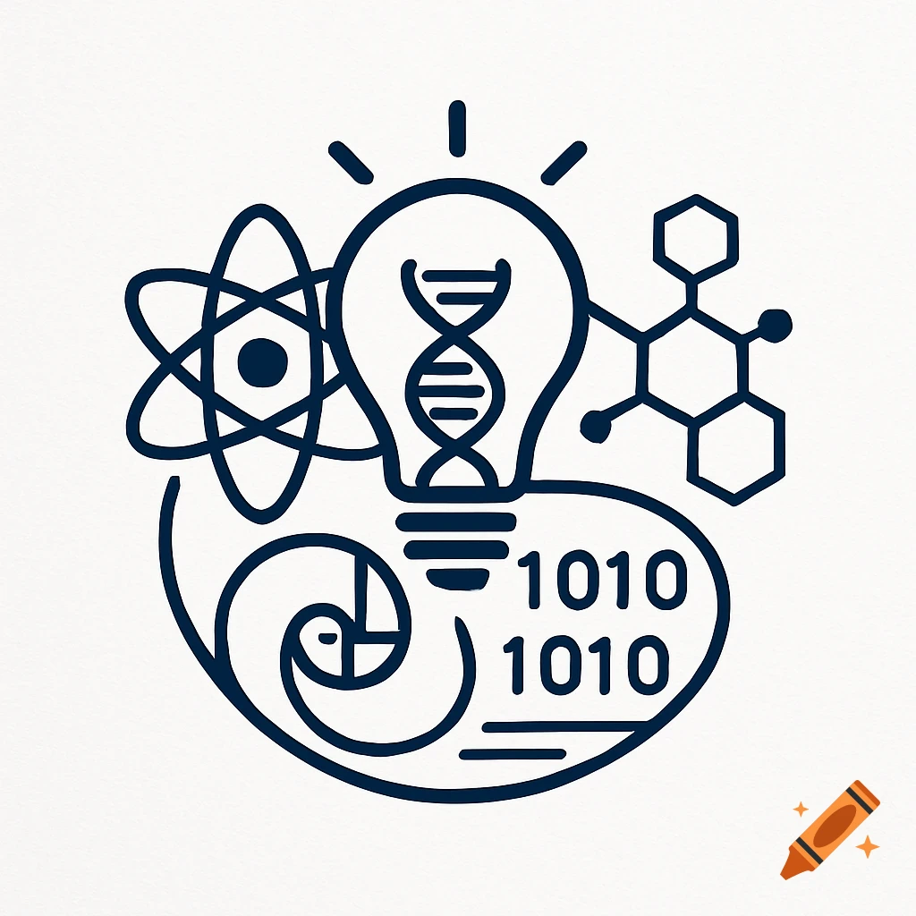 A science and technology logo with a lightbulb, DNA, atom, chemical structure, Fibonacci spiral, and binary code in dark blue line art.