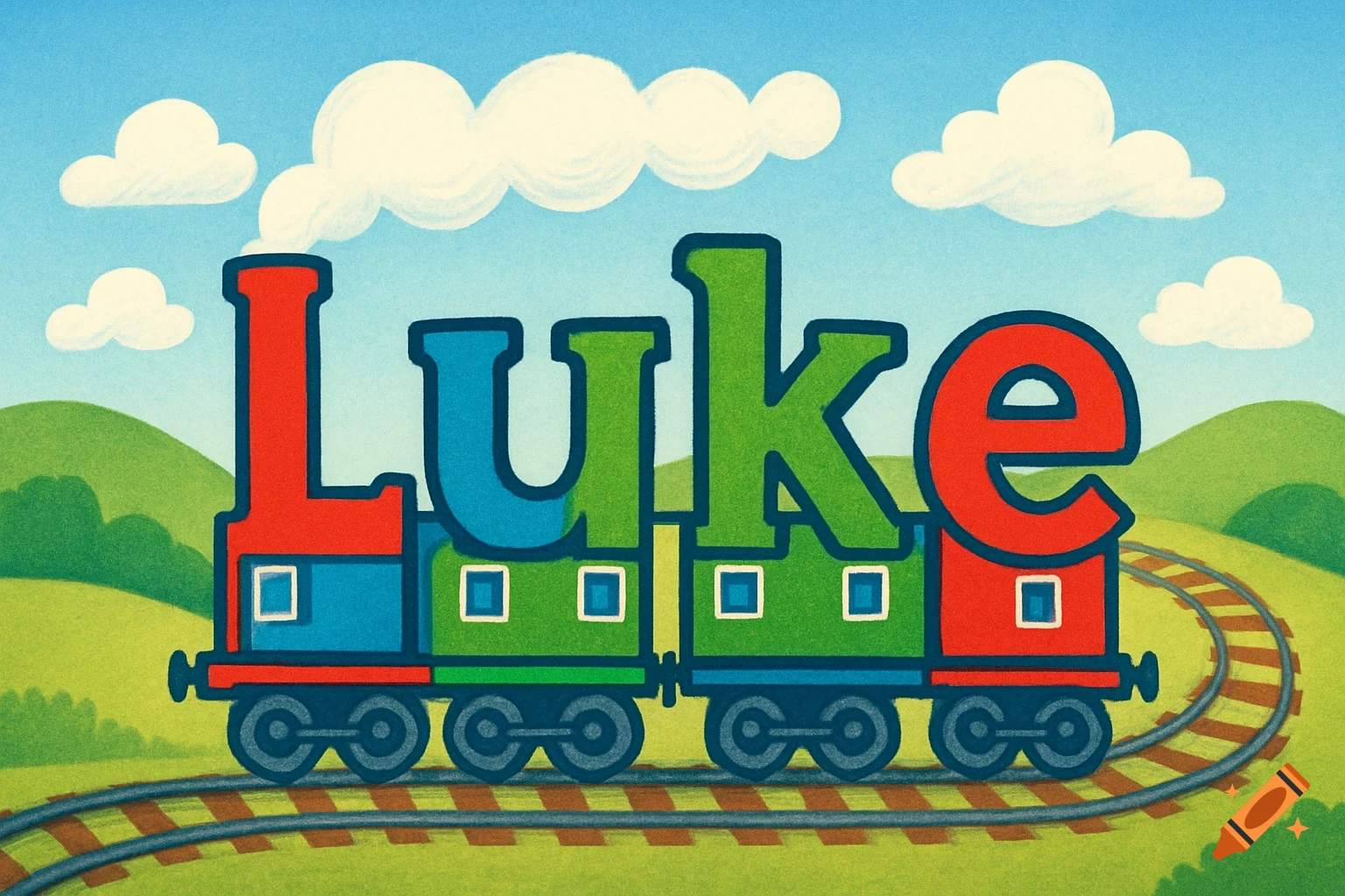 A colorful cartoon train spelling out the name Luke with its carriages, on tracks through a green hilly landscape under a blue sky with clouds.