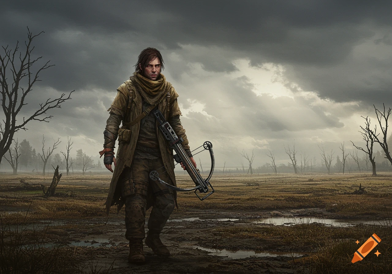 A post-apocalyptic survivor in a long coat and scarf walks through a muddy field under a cloudy sky, holding a crossbow.