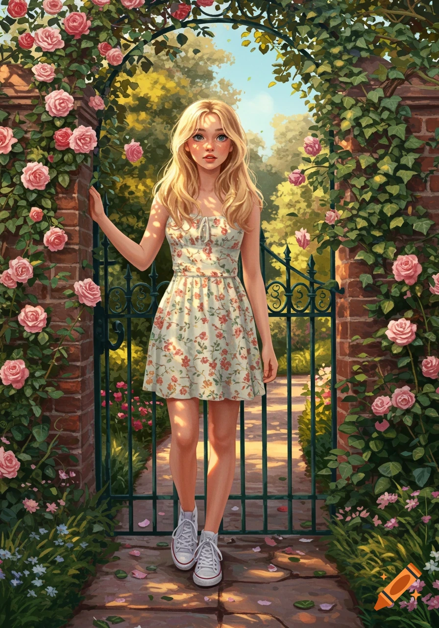 A stylized art image of a blonde girl in a floral dress standing in front of a rose-covered brick archway and garden gate.