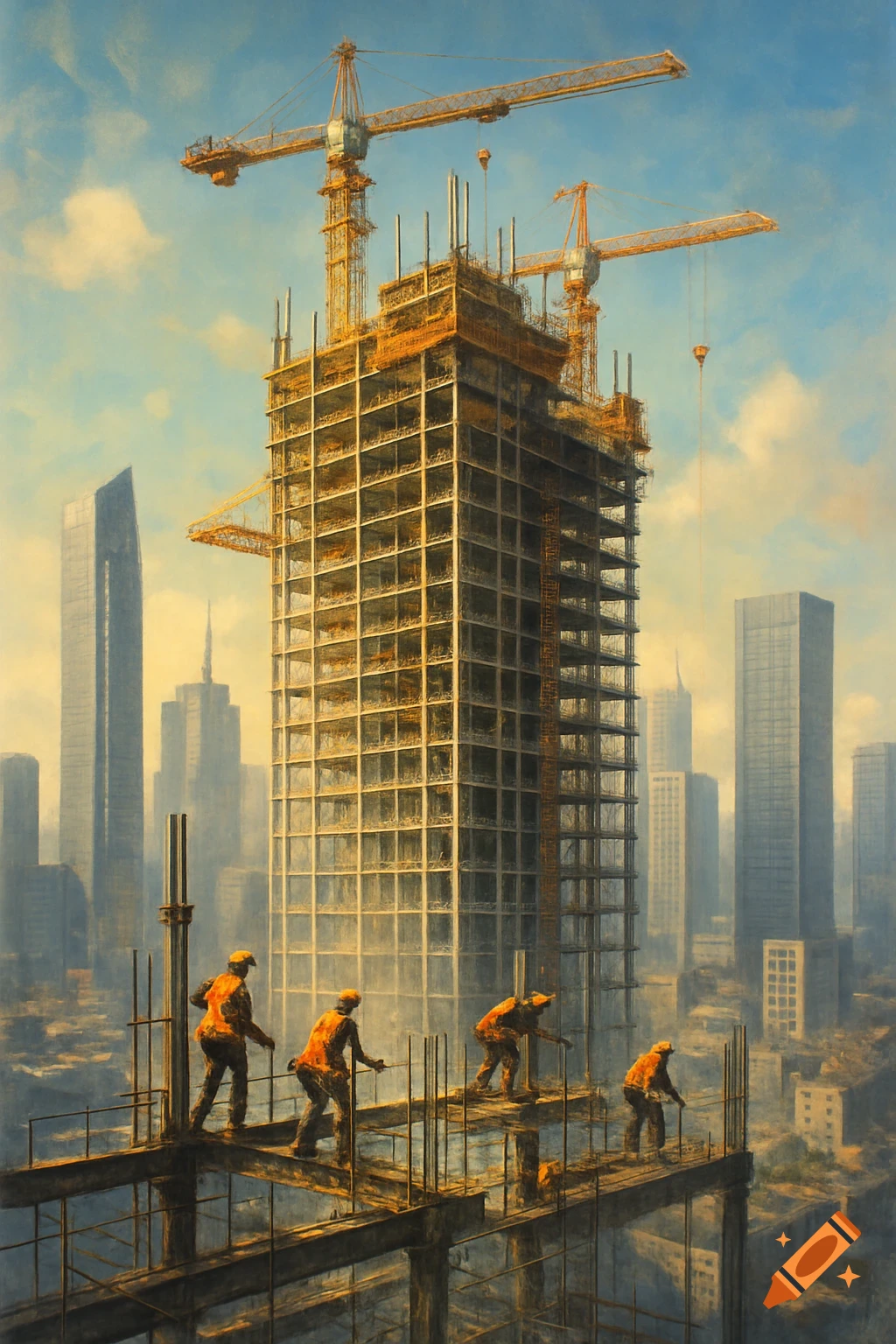 A towering skyscraper under construction, with workers on a high platform and cranes overhead, against a city skyline.