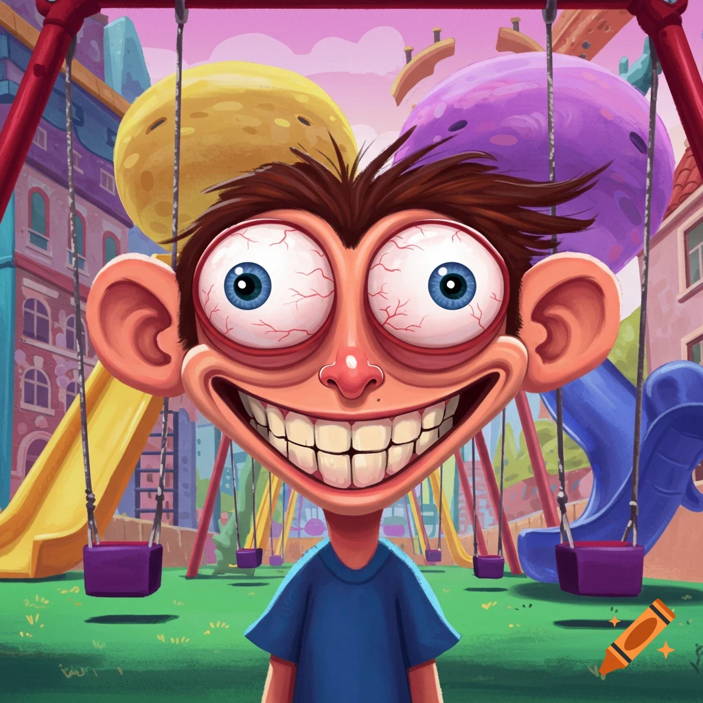 A cartoon character with wide, bloodshot eyes and a huge grin stands in a colorful playground.