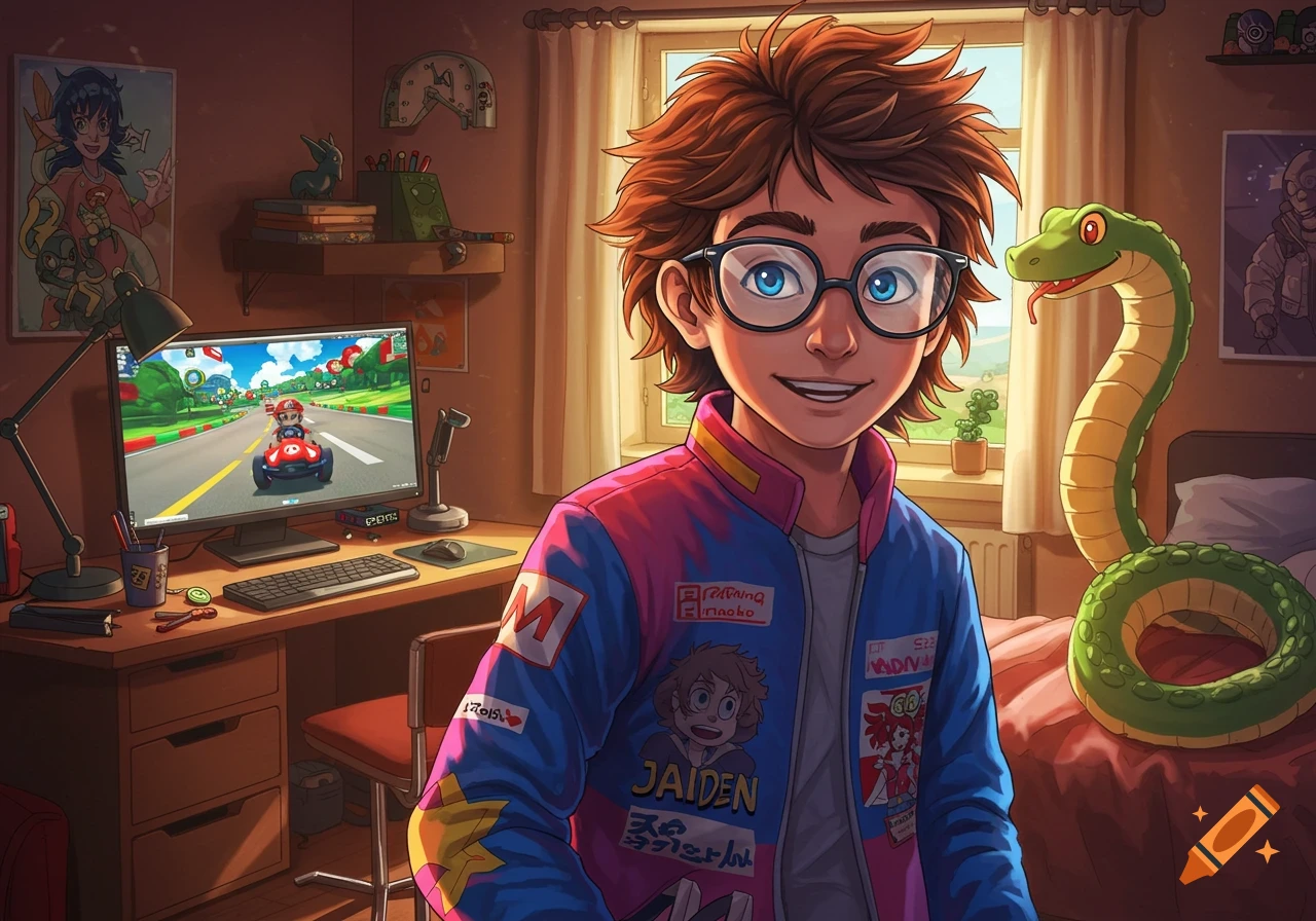 Cartoon boy with glasses and a jacket, playing Mario Kart on a computer in his bedroom, with a large green snake on the bed.