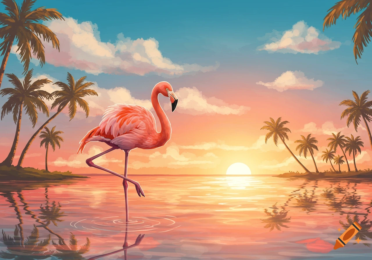A pink flamingo stands in shallow water with palm trees silhouetted against a vibrant orange and pink sunset sky.