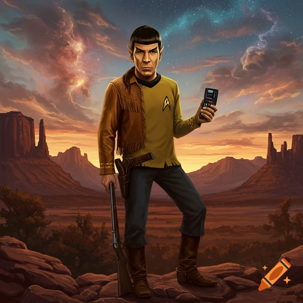 Spock in a buckskin jacket and Starfleet uniform, holding a rifle and device, standing in a western desert landscape at sunset.