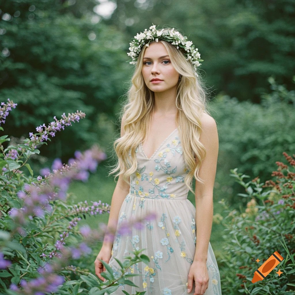 A young woman with long blonde hair and a white floral crown wears a light-colored, embroidered dress in a lush green garden with purple flowers.