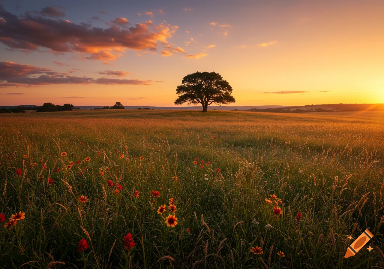 A beautiful sunset over a grassy field with a lone tree silhouetted against the vibrant sky, with red and yellow flowers in the foreground.