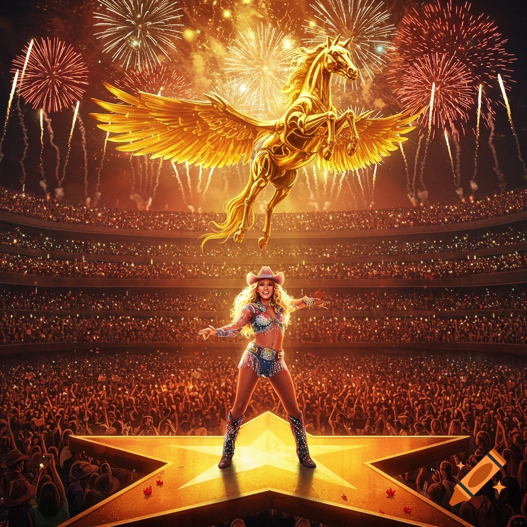 A woman in a sparkly cowgirl outfit poses on a star-shaped stage in a sold-out stadium with fireworks and a golden winged horse flying above.
