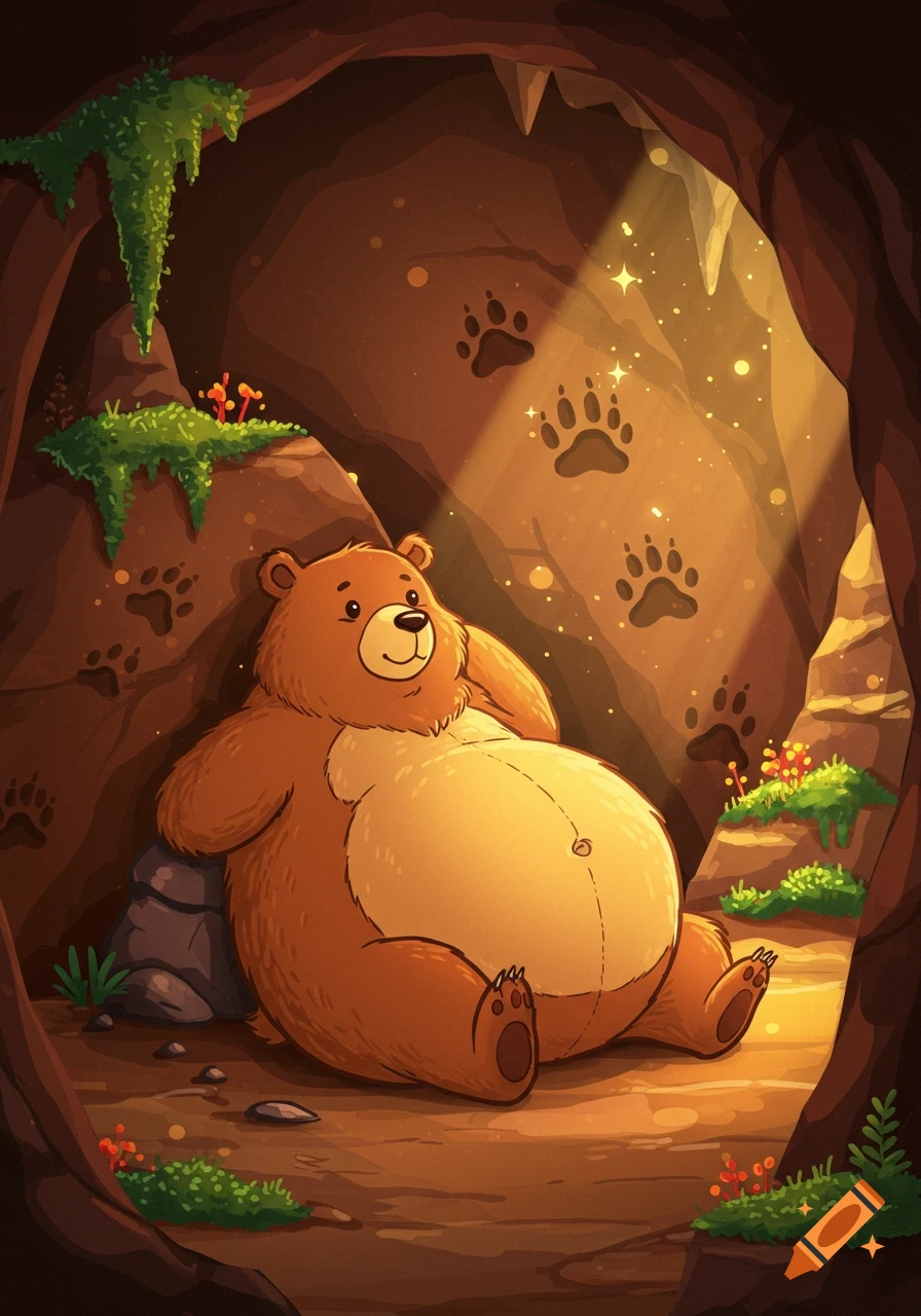 A cute cartoon bear with a big belly rests in a cozy cave illuminated by a ray of sunlight, with paw prints on the wall.