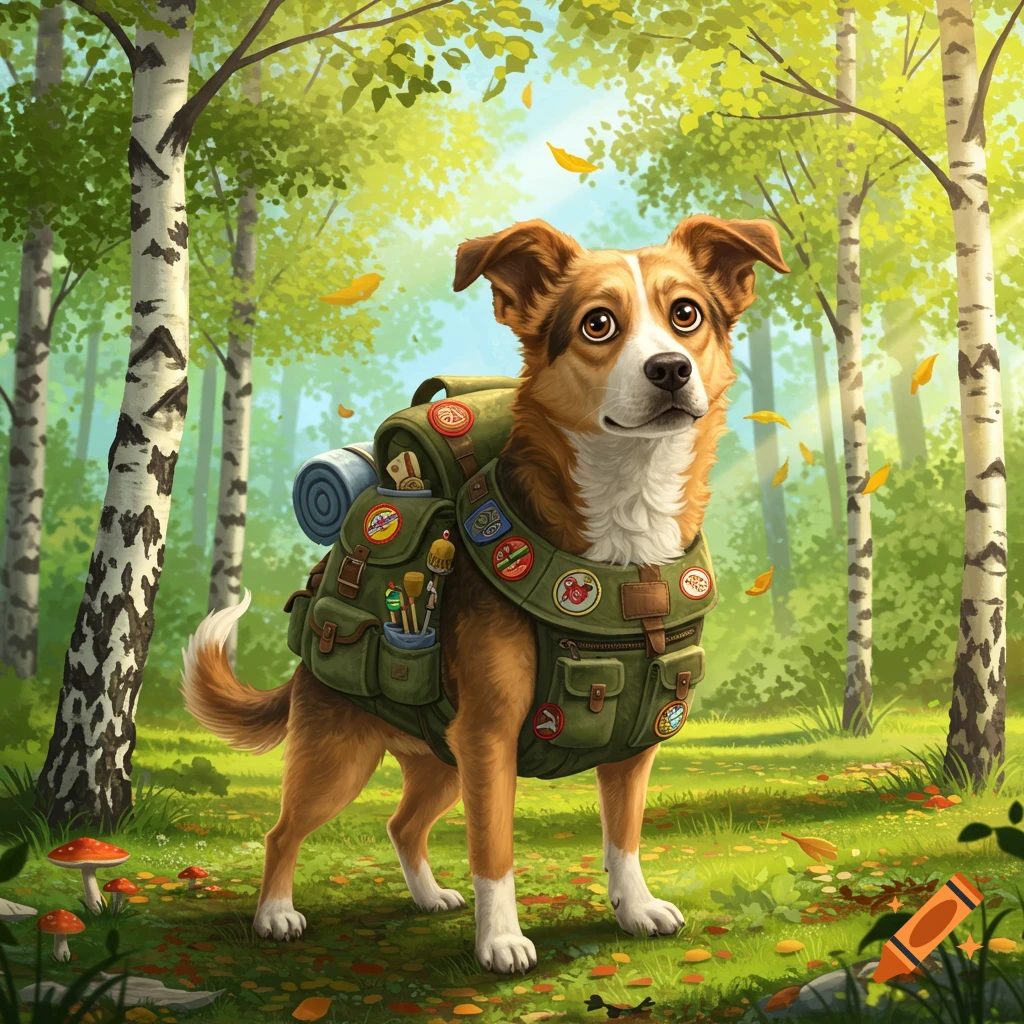 A brown and white dog wearing a green hiking backpack with patches, standing in a sunny forest with birch trees and falling leaves, in a vibrant, stylized art style.