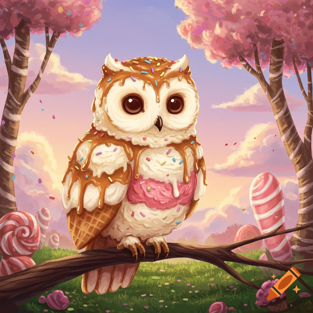 A whimsical owl made of melting ice cream with caramel and sprinkles, perched on a branch in a vibrant candy land with lollipop trees.