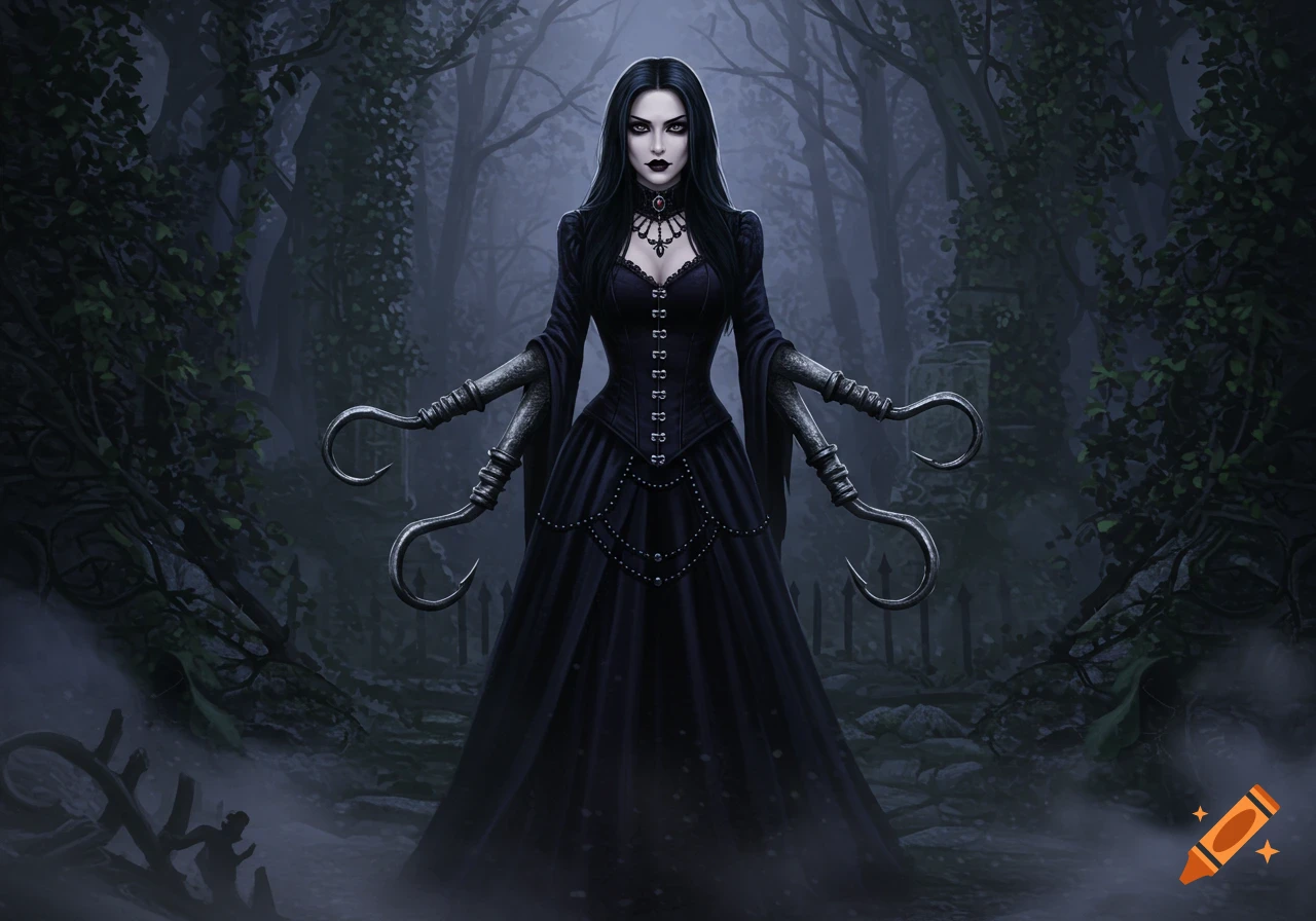 A gothic woman with long black hair, wearing a black dress and metallic hook-like hands, stands in a dark, misty forest.