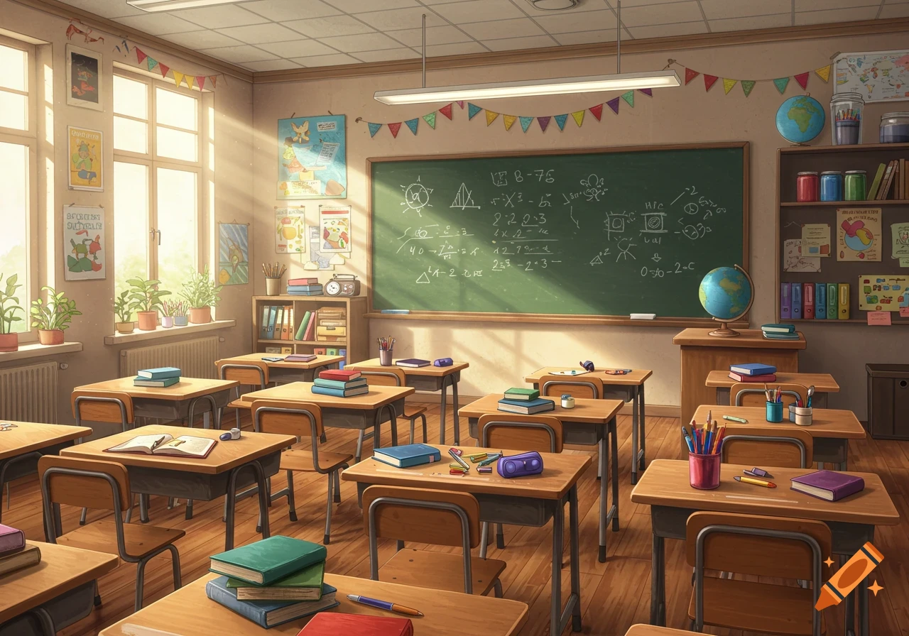 An illustration of a bright, empty classroom with desks, a blackboard with illegible writing, and sunlight streaming through tall windows.