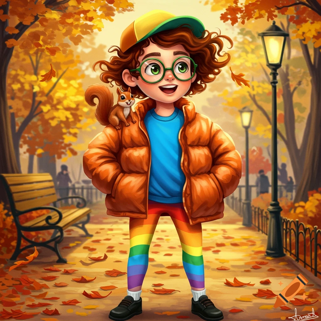 Cartoon boy with a squirrel on his shoulder, wearing an orange puffer, rainbow leggings, yellow hat, and green glasses in an autumn park.
