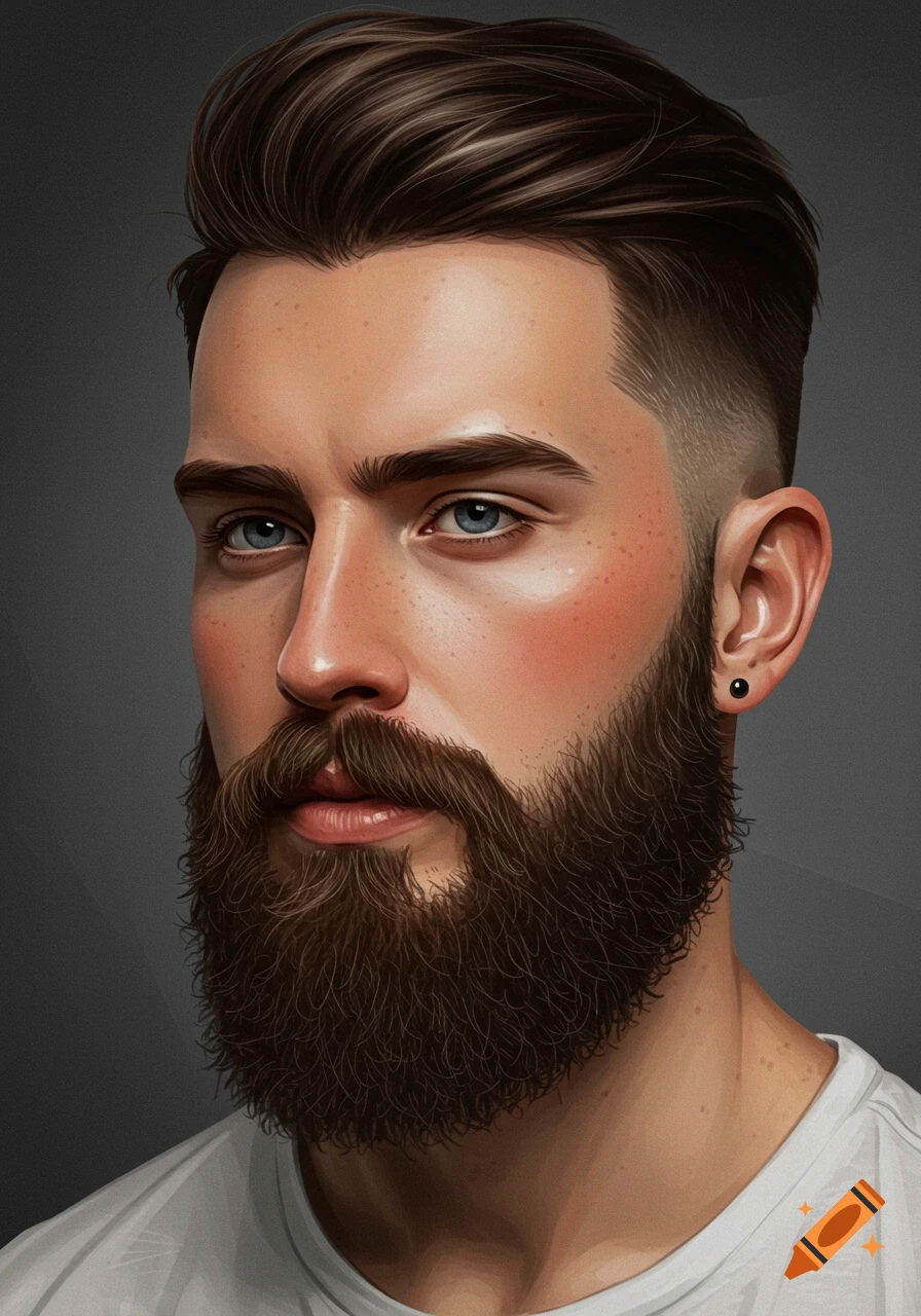Digital illustration of a man with a neatly styled beard, short hair, and blue eyes, looking to the side.