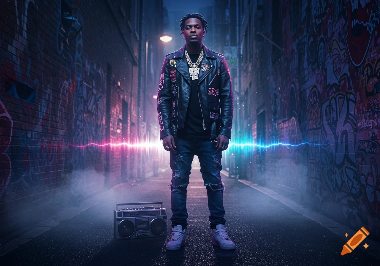 A man in a leather jacket and chains stands in a neon-lit urban alley next to a boombox, with graffiti walls.