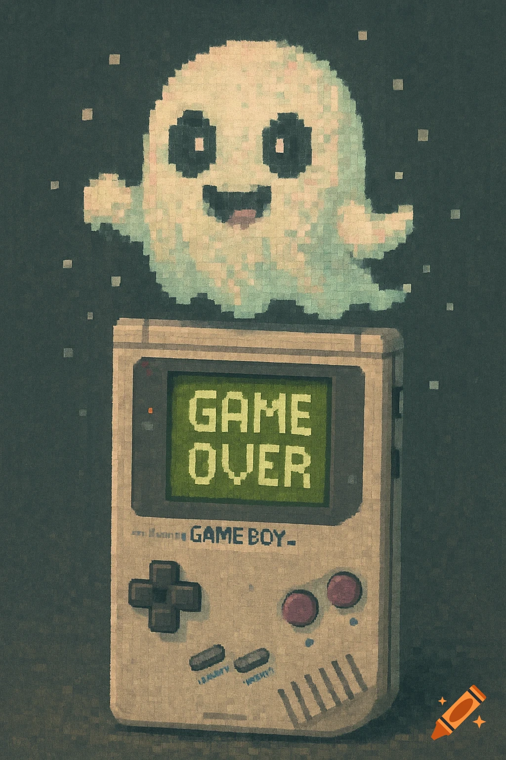 A pixelated ghost with a happy expression floats above a pixelated Game Boy with 'GAME OVER' displayed on its screen.