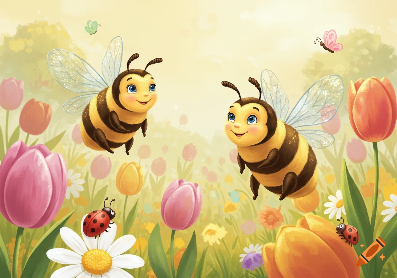 Two cute cartoon bees fly among colorful tulips and daisies in a sunny field, with ladybugs.