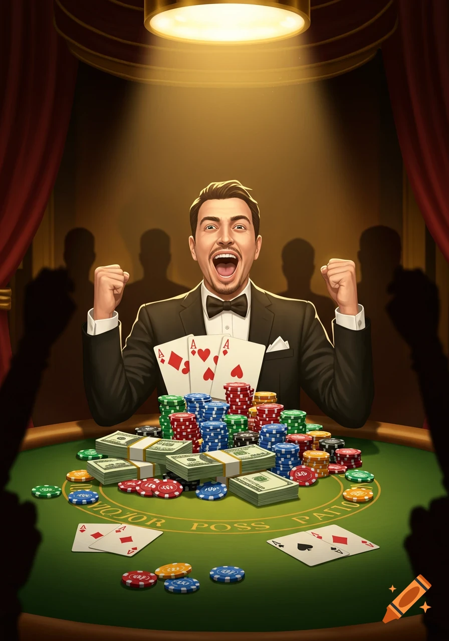 A man in a suit cheers, celebrating a poker win with stacks of chips and money on a green casino table.