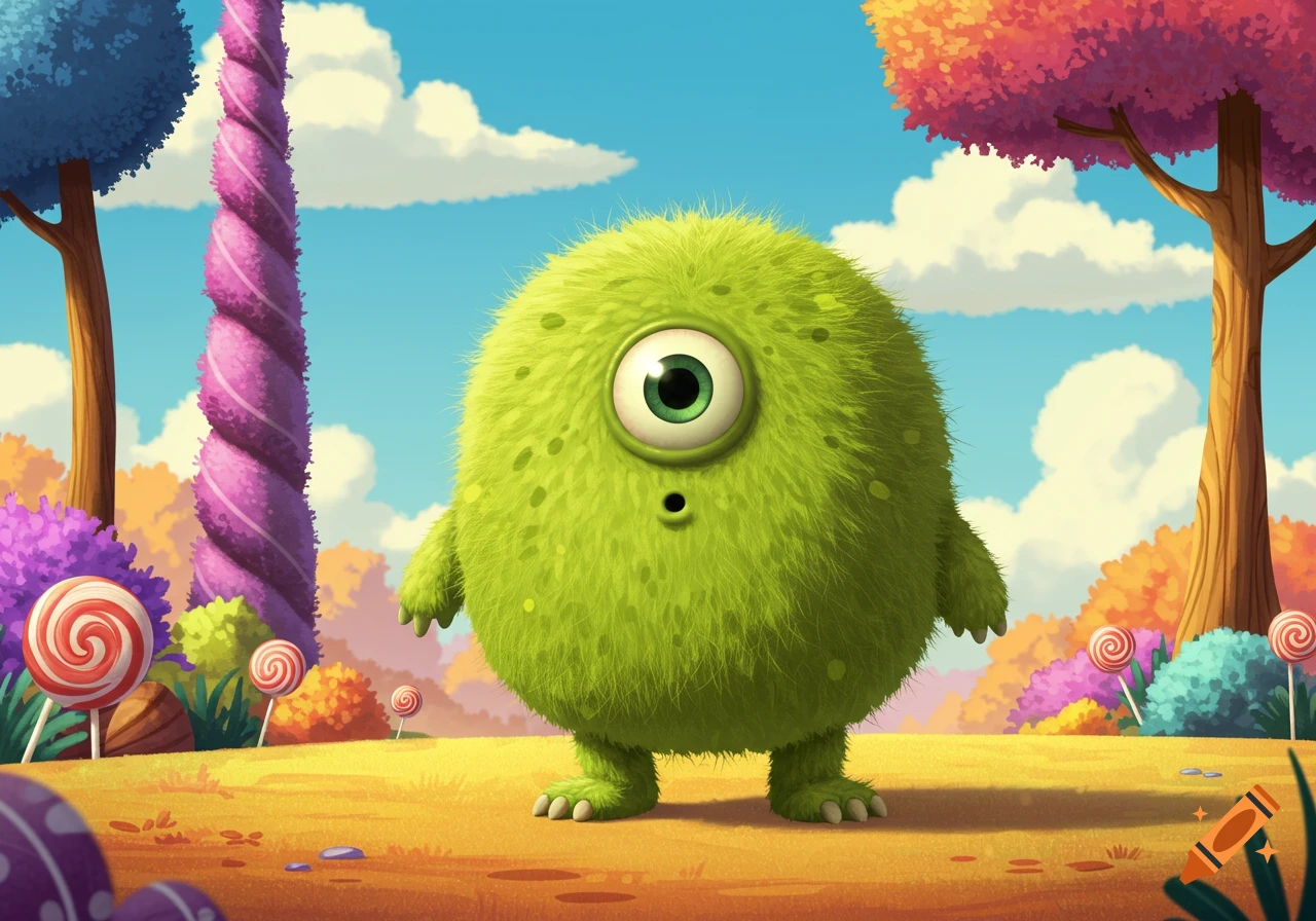 A fluffy green, round, one-eyed monster with small feet stands in a vibrant candy land with lollipop trees and colorful bushes.