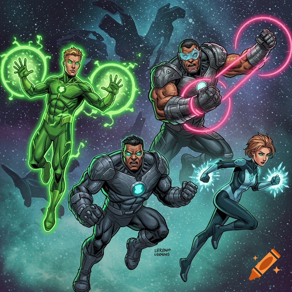 Four comic book superheroes, each with distinct energy powers and costumes, pose dynamically against a vibrant cosmic backdrop.