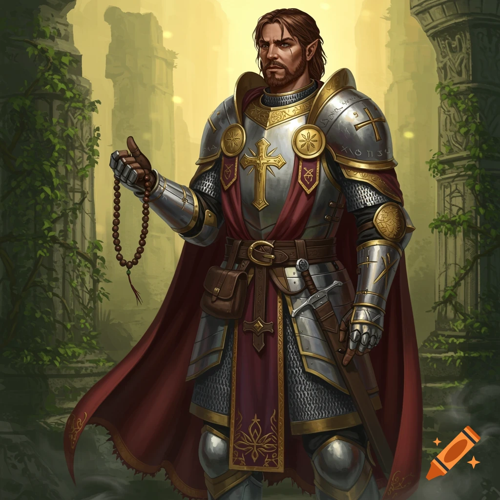 A heavily armored fantasy warrior priest with a beard and pointy ears, holding prayer beads, stands amidst ancient ruins.