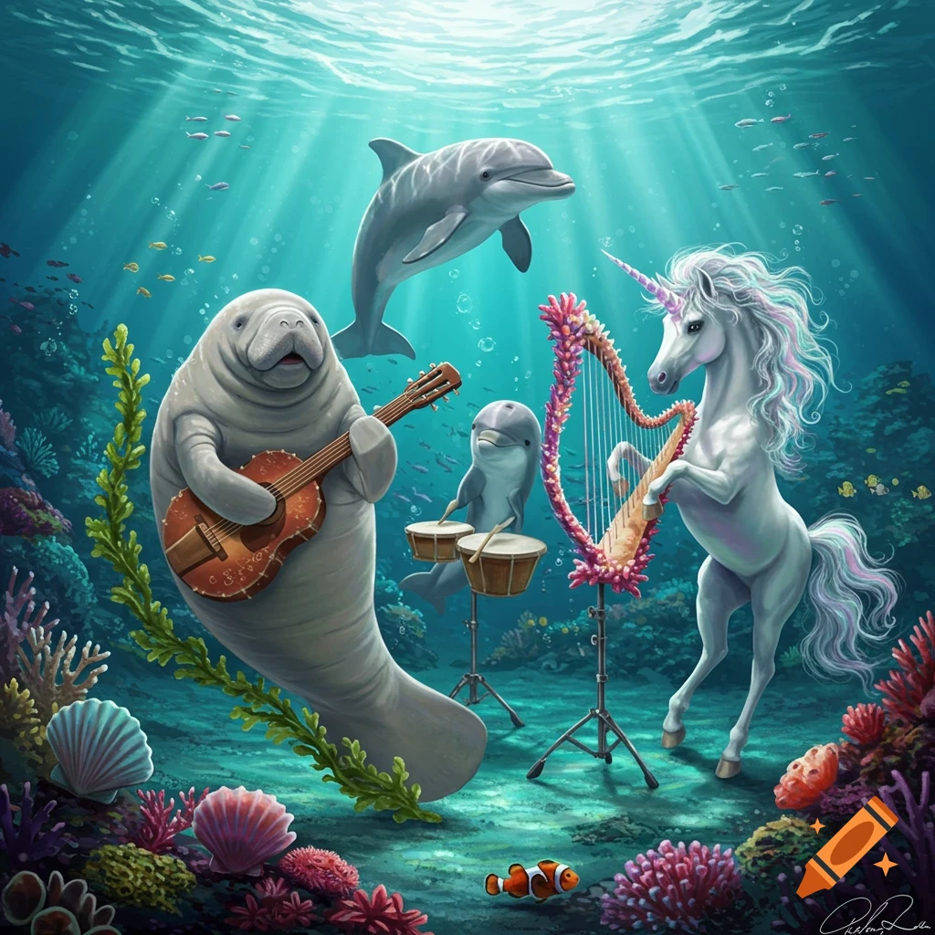 Cartoon manatee plays guitar, baby dolphin plays drums, and a unicorn plays harp in a vibrant underwater scene with coral.
