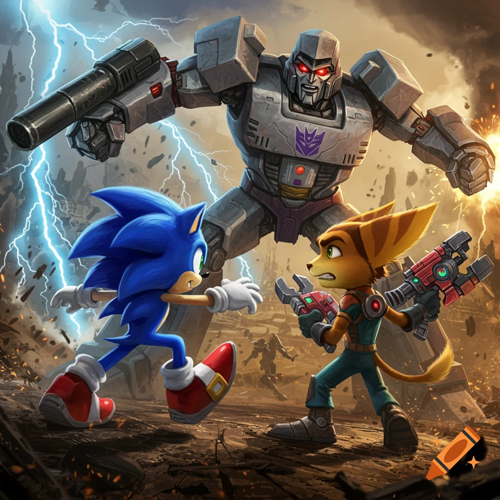 Sonic the Hedgehog and Ratchet from Ratchet and Clank prepare to fight Megatron amidst a stormy, battle-scarred landscape.