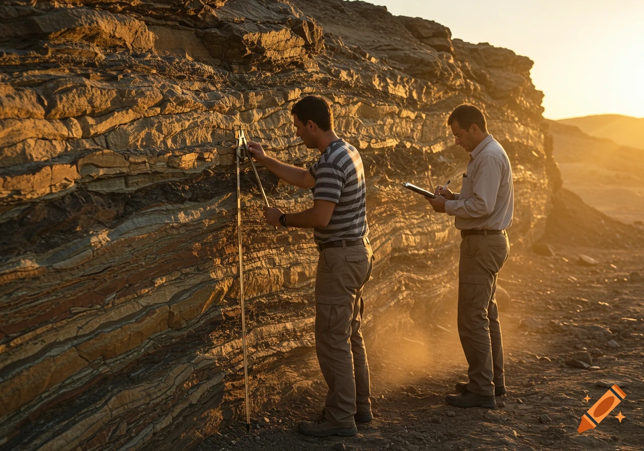 Two geologists measure a layered rock formation at sunset, illuminated by golden light.