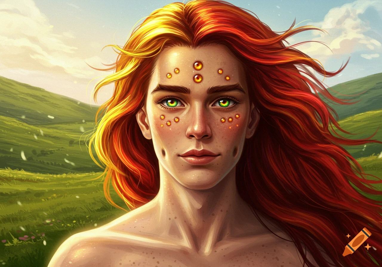 A stylized portrait of a fantastical figure with vibrant red and gold hair, green eyes, and golden orb-like patterns on their forehead and cheeks, set against a green, rolling landscape under a bright sky.