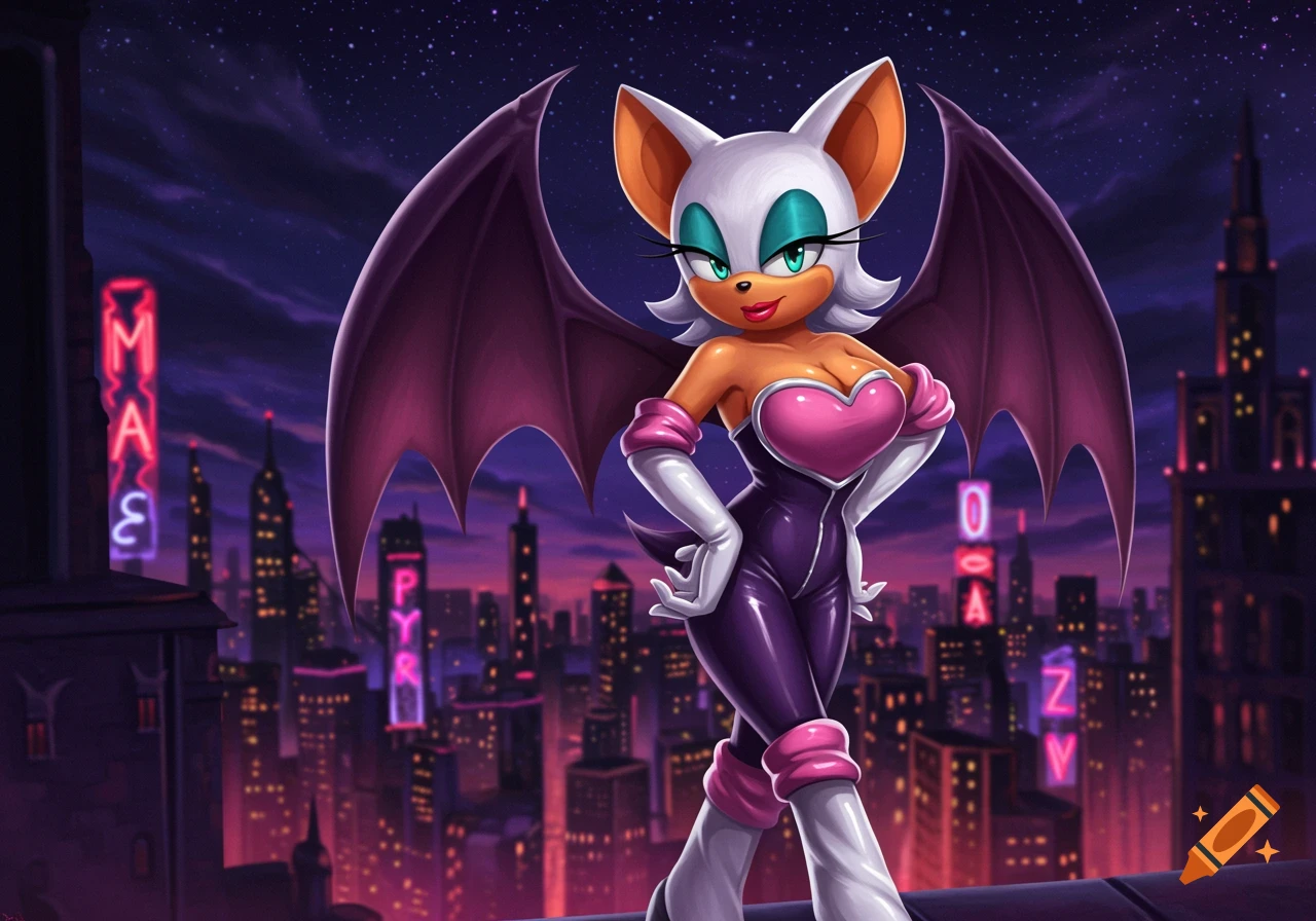 Rouge the Bat standing on a rooftop at night with a city skyline in the background, illustrated in a cartoon style.