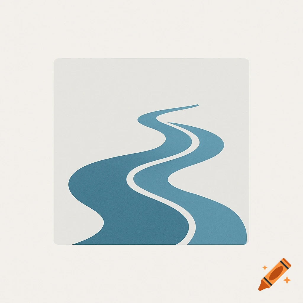 A minimalist blue winding river logo on a light square background.