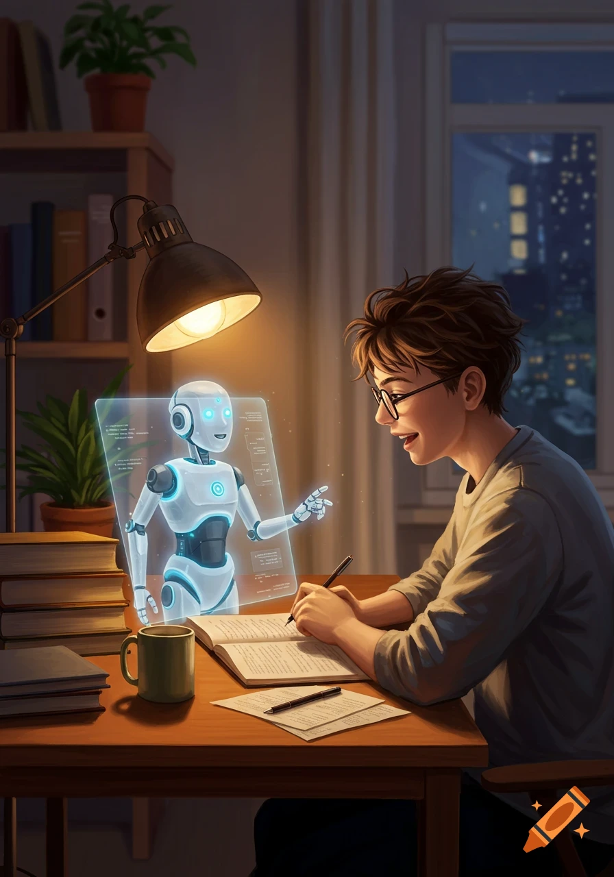 An illustrated scene of a student studying at a desk at night, looking at a holographic robot displaying information.