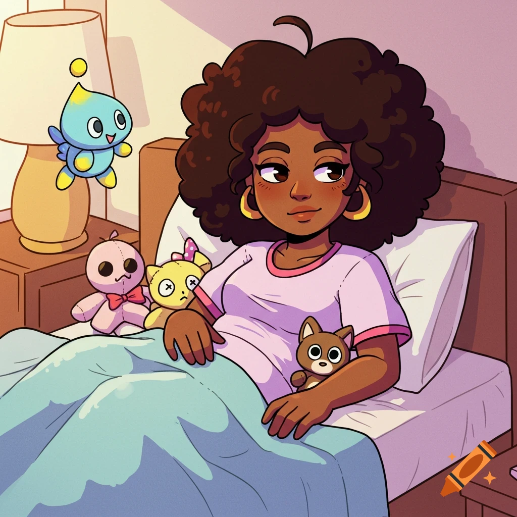 A cartoon woman with curly brown hair in bed with three plushies, a pink one, a yellow one, and a brown cat. A blue Chao floats near a lamp.
