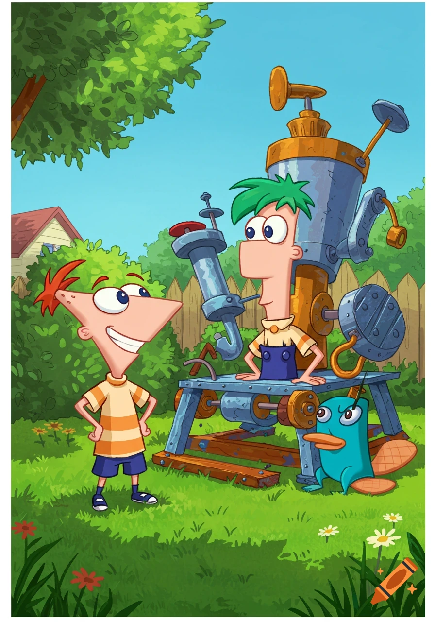 Phineas, Ferb, and Perry the Platypus stand in a sunny backyard next to a large, elaborate machine they built, in a cartoon style.