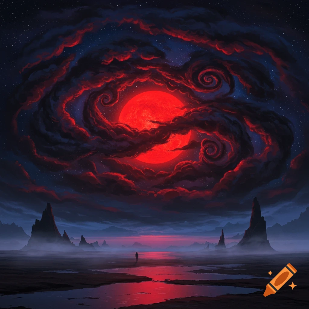 A lone figure stands in a dark, misty landscape under a large red sun surrounded by swirling dark clouds and distant spiky mountains.