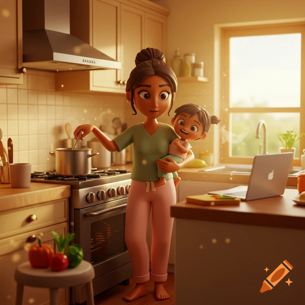 A 3D Pixar-style cartoon of a mother holding a child while cooking in a sunlit kitchen.