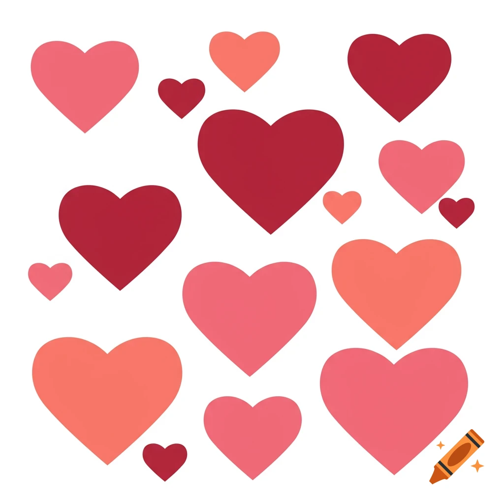 A white background filled with scattered hearts in various shades of red and pink.