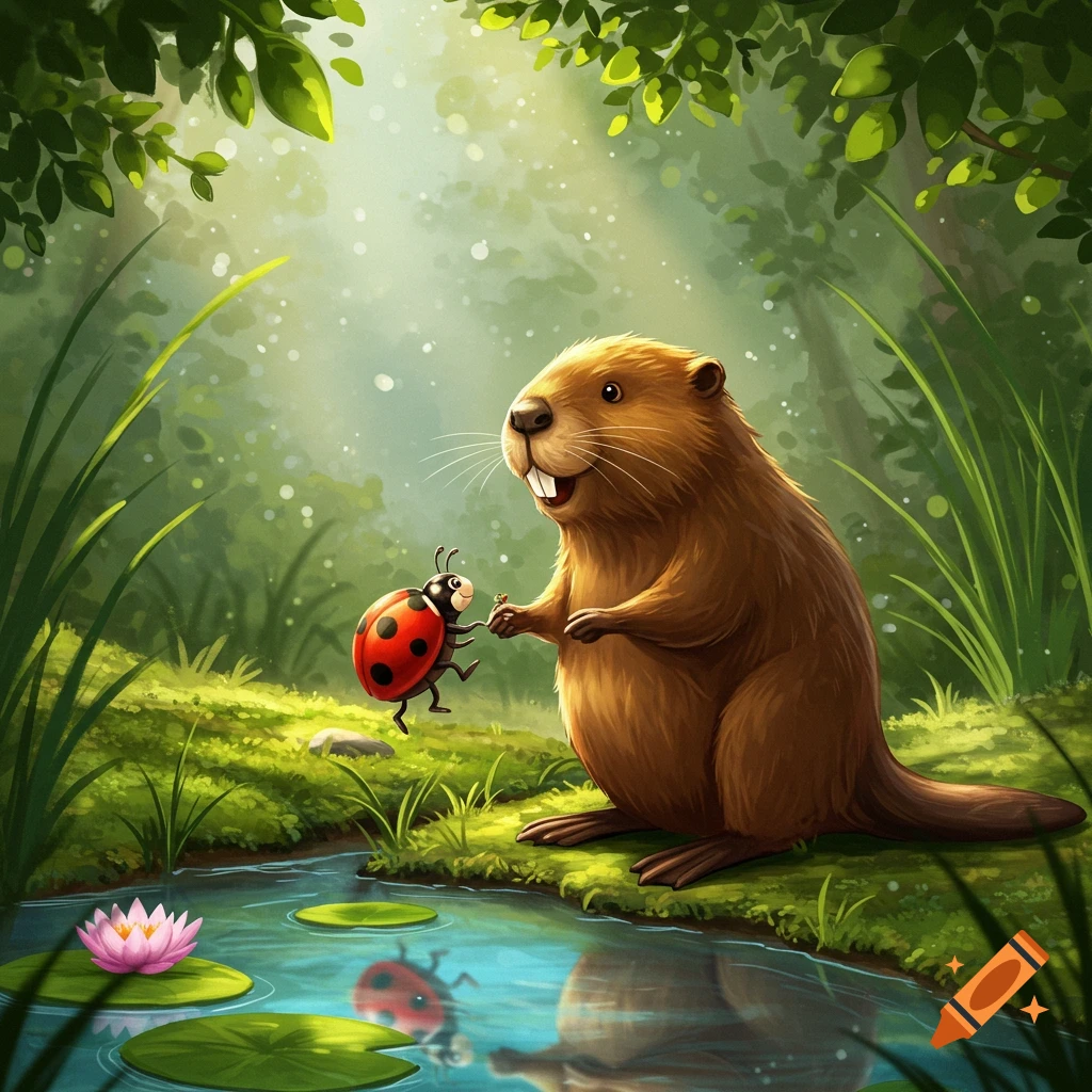 A cute cartoon beaver and a ladybug holding hands by a stream in a vibrant, sunlit forest.