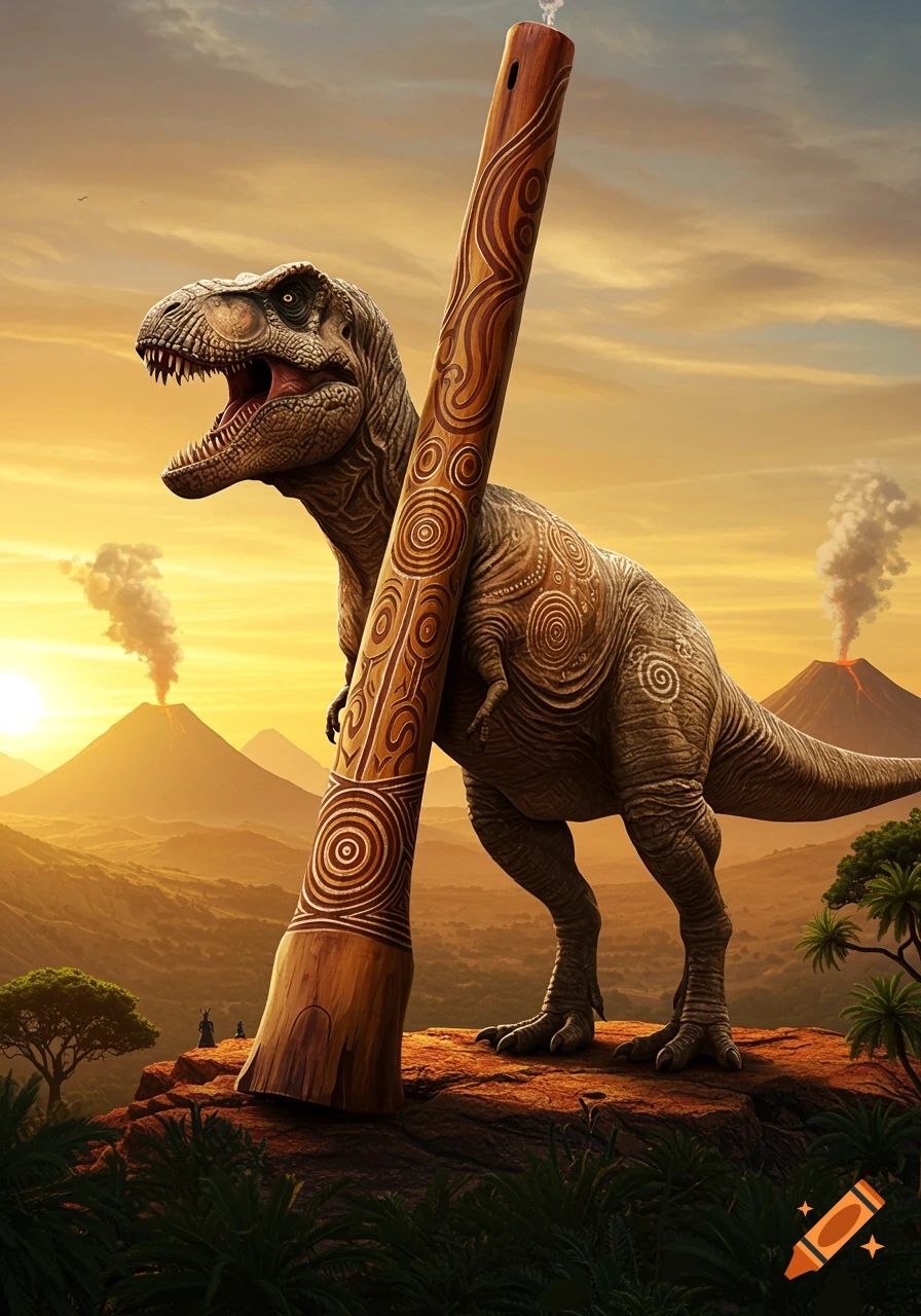 A T-Rex with a didgeridoo for a body stands on a rocky outcrop at sunset, with erupting volcanoes in the background.