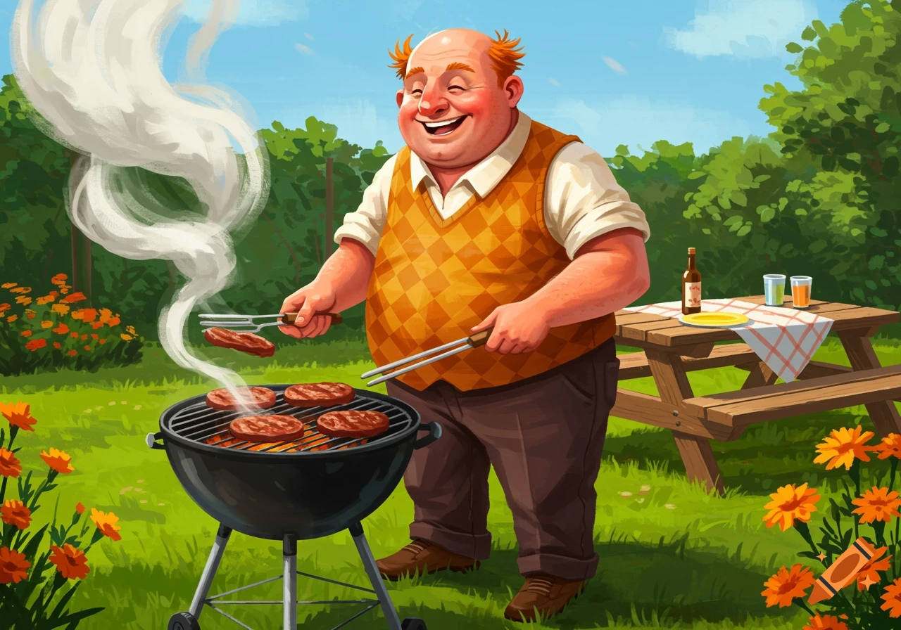 A cartoon-style image of a happy, bald, ginger man with a paunch barbecuing burgers outdoors on a sunny day. A picnic table is nearby.