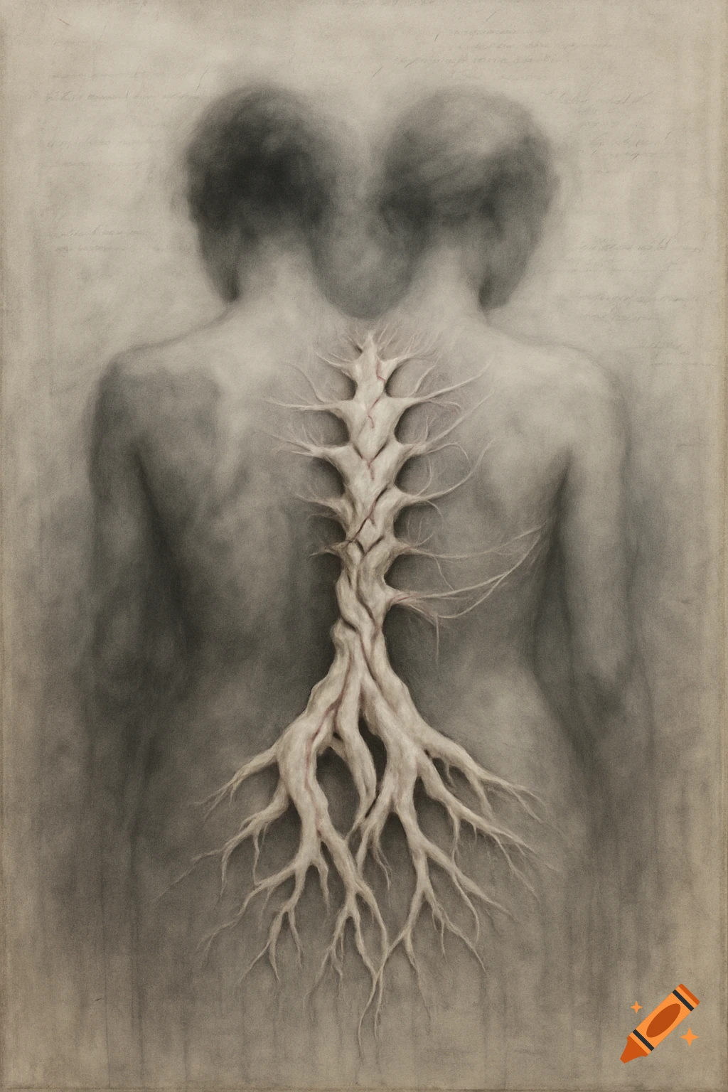 A stylized charcoal drawing of two figures with their backs to the viewer, merging at the spine, which is replaced by a white, root-like structure. Faint text is visible in the background.