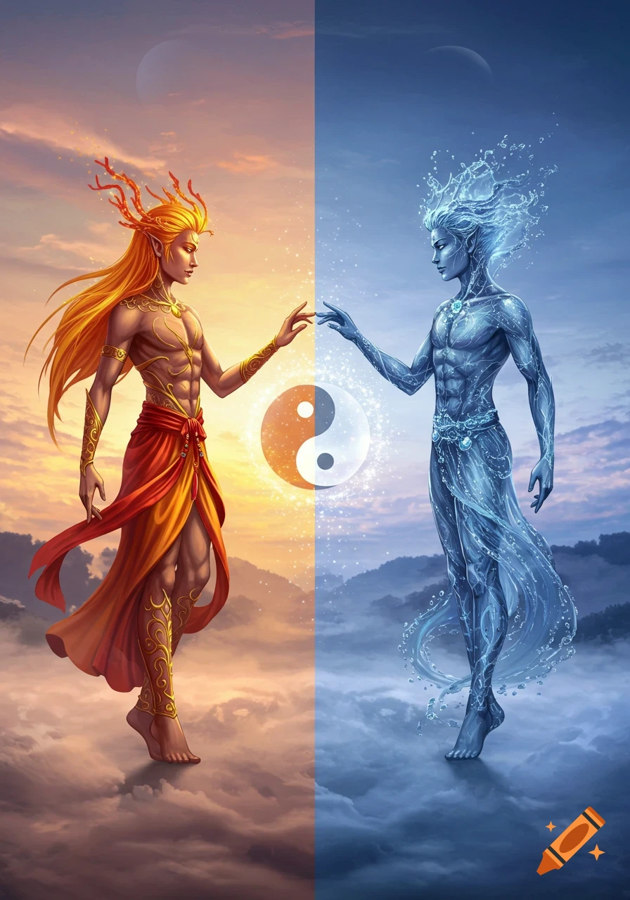 A fantasy illustration of a fiery, gold-skinned man and a watery, blue-skinned man reaching out to a glowing Yin-Yang symbol, floating on clouds under a split sky.