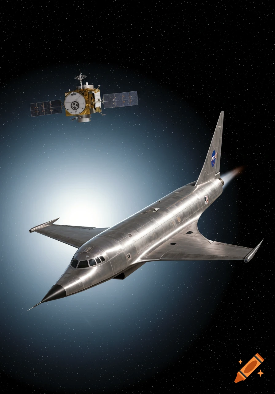 A futuristic silver supersonic jet and a gold satellite fly in dark outer space with stars.