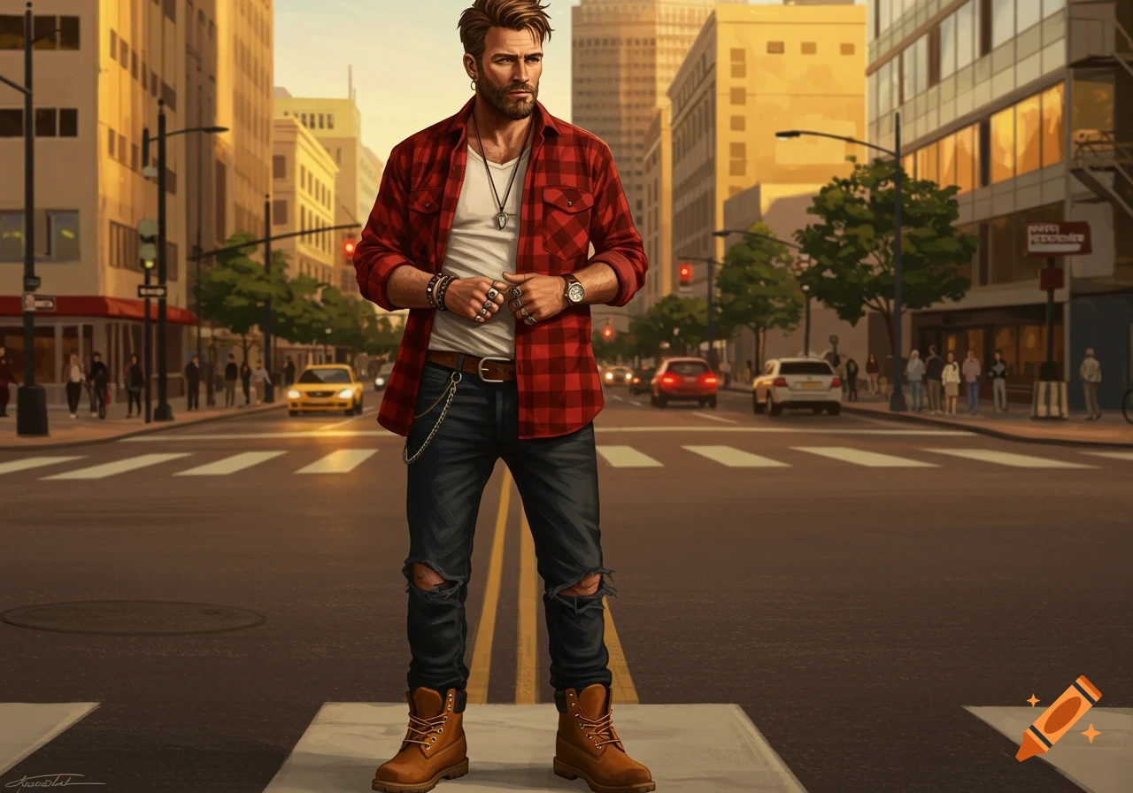 A man in a red plaid shirt, ripped jeans, and boots stands in the middle of a city street at sunset.